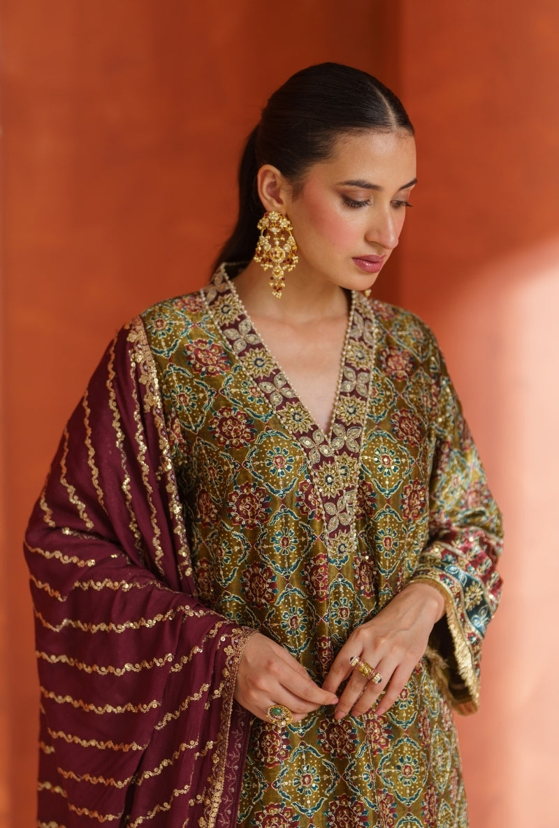 Mehendi Green Ajrak Print Vira Farshi Set