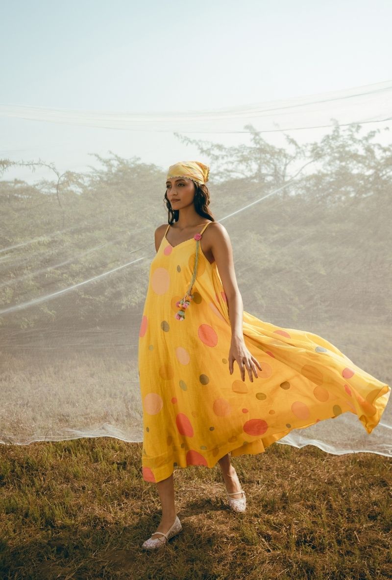 Yellow Polka Sleeveless A-Line Barfi Dress