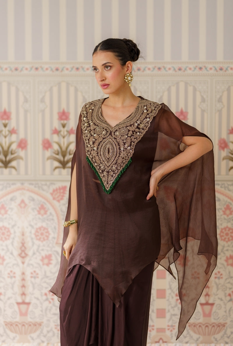 Brown Heavy yoke Hand Embroidered Mallika Cape Set