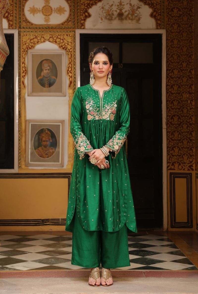 Green Mayur Applique Frockstyle Mehfil Kurta Set