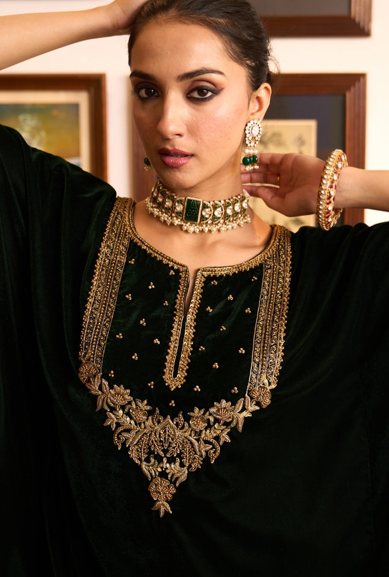 Bottle Green Embroidered Yoke Dilbar Kaftan Set