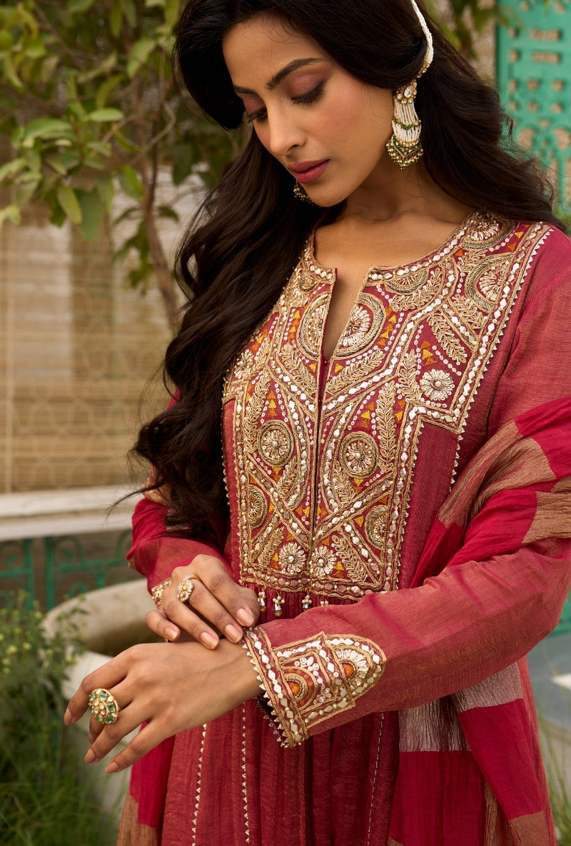 Red Embroidered Square Yoke Sabah Anarkali Set
