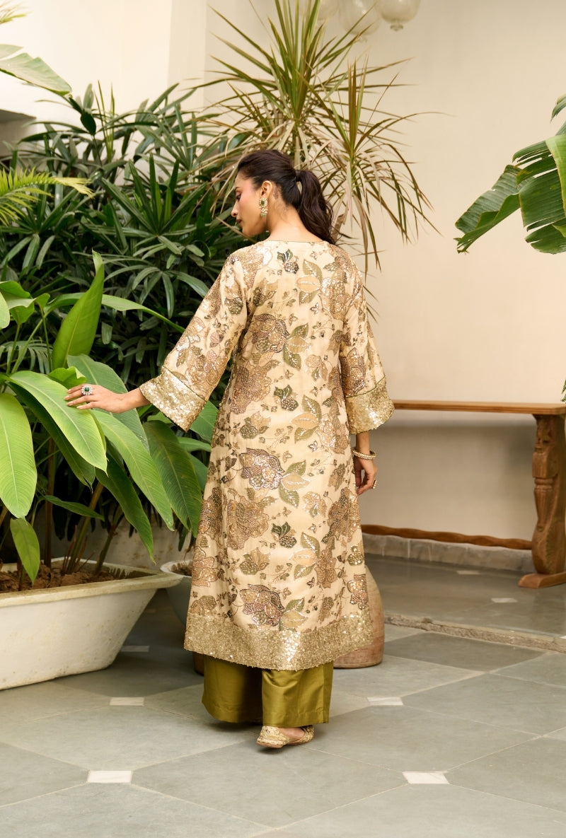 Beige Floral Print Nadira Kurta Set