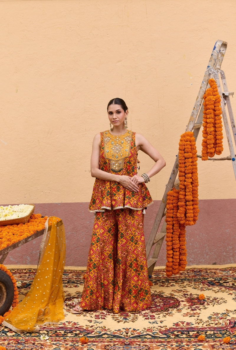 Yellow Patola Short Kali Oorja Sharara Set
