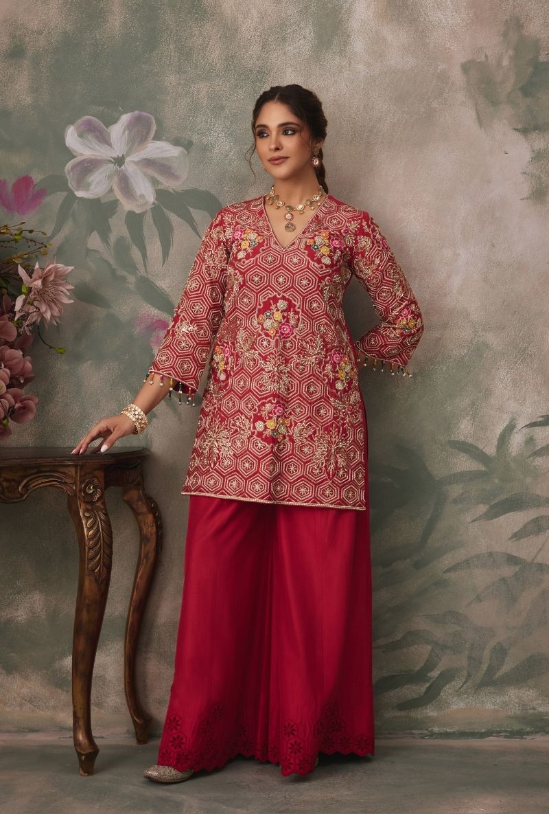 Red Heavy Embroidered Kurta Jalsa Sharara Set
