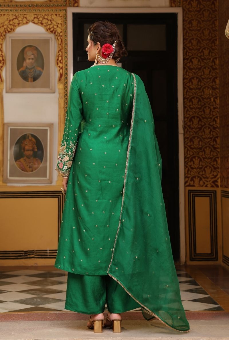 Green Mayur Applique Frockstyle Mehfil Kurta Set