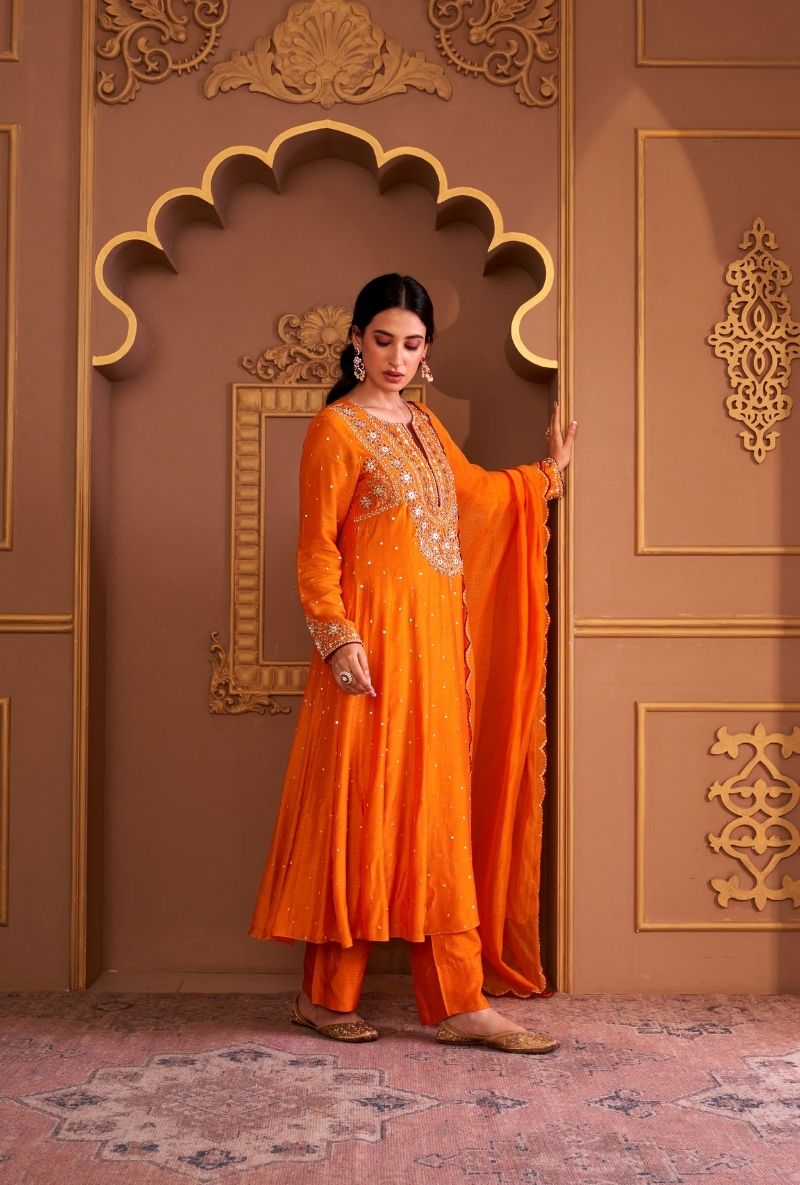 Mustard Heavy Yoke Rasia Kurta Set