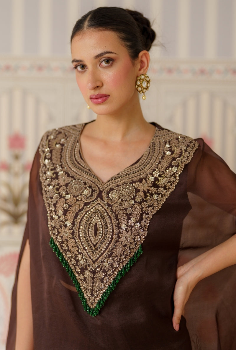 Brown Heavy yoke Hand Embroidered Mallika Cape Set