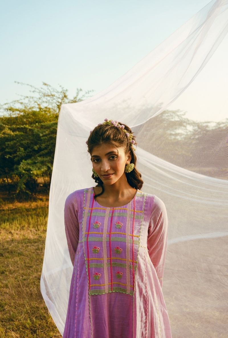 Lilac Madras Checks Yoke Barfi Kurta Set