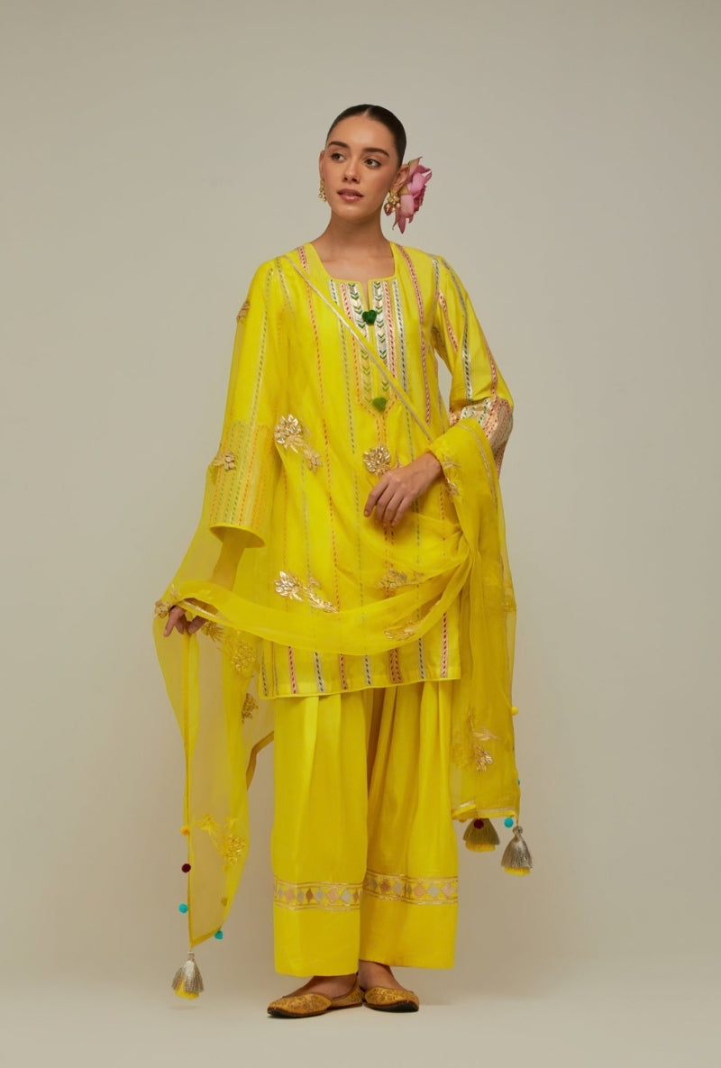Summer Yellow Multistripe Gota Short Kurta Mehreen Farshi Set