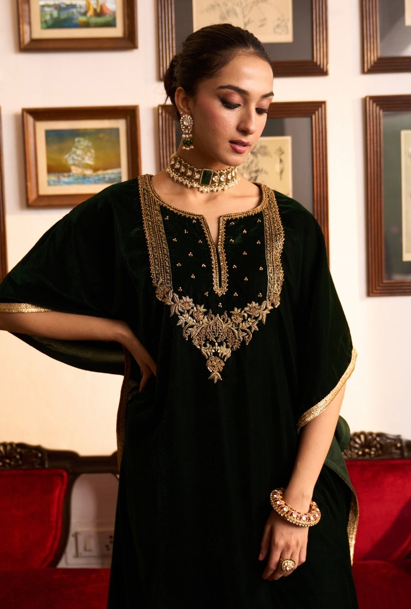 Bottle Green Embroidered Yoke Dilbar Kaftan Set
