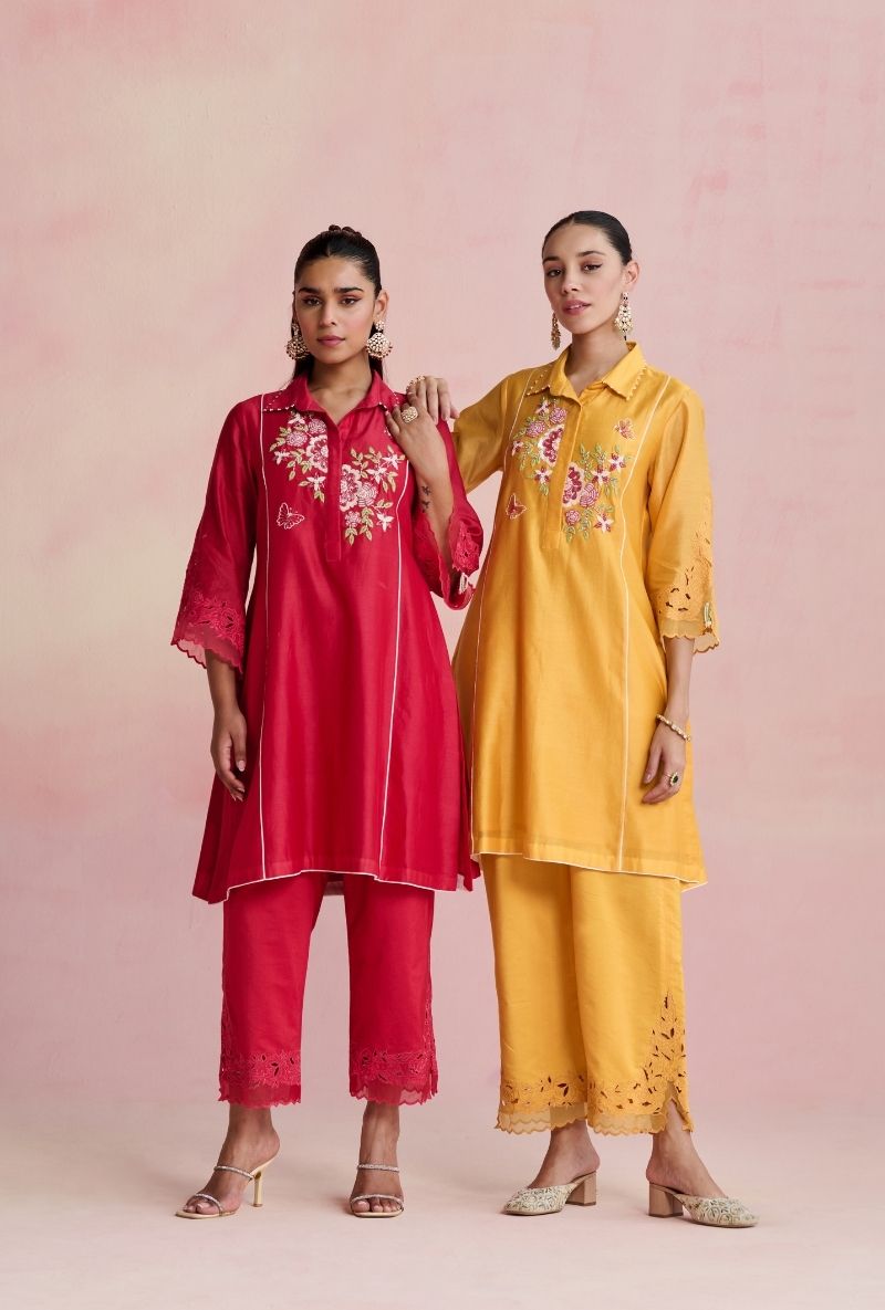 Raspberry Pink Collar Motif Yoke Amara Kurta Set