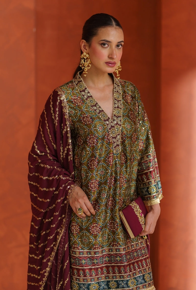 Mehendi Green Ajrak Print Vira Farshi Set