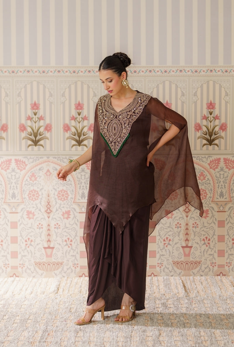 Brown Heavy yoke Hand Embroidered Mallika Cape Set