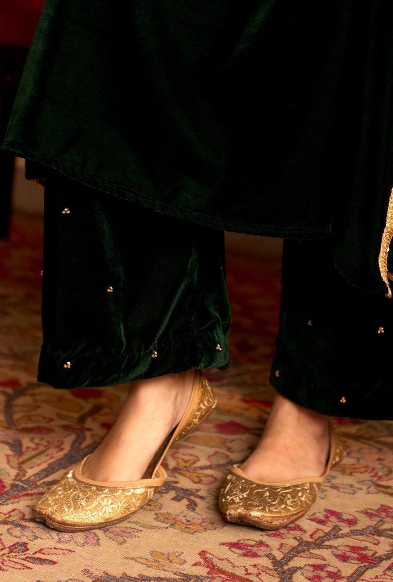 Bottle Green Embroidered Yoke Dilbar Kaftan Set