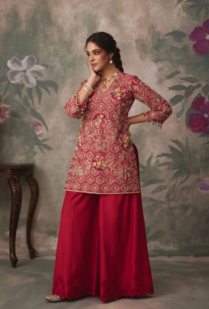 Red Heavy Embroidered Kurta Jalsa Sharara Set