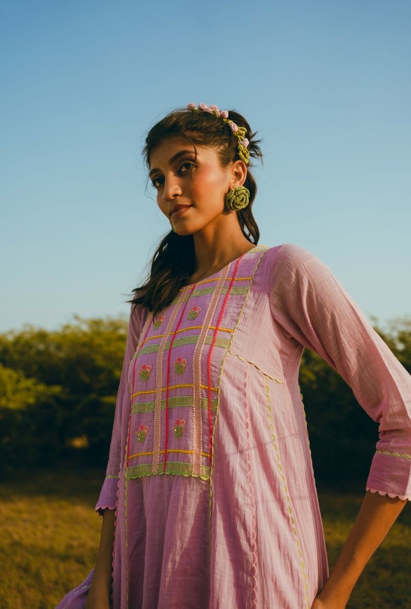 Lilac Madras Checks Yoke Barfi Kurta Set