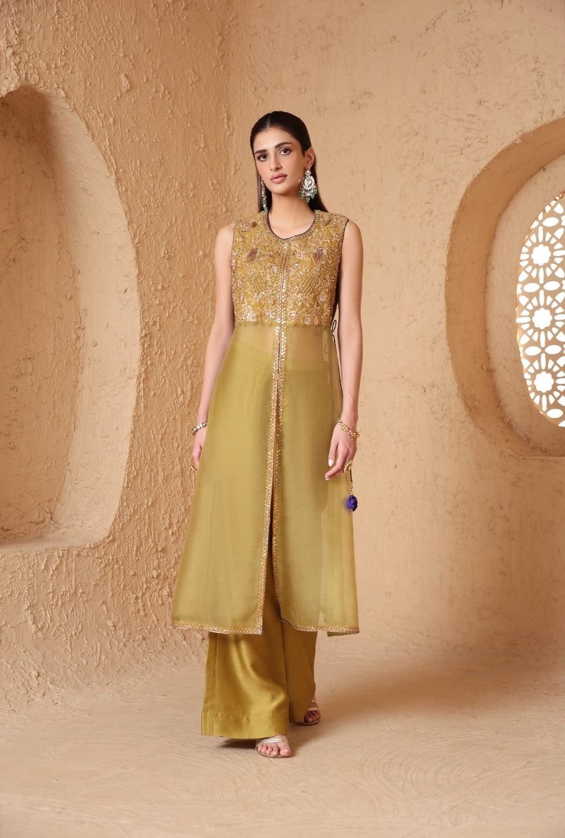 Olive Green Tie-up Sleeveless Nihira Kurta Set
