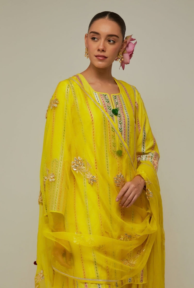 Summer Yellow Multistripe Gota Short Kurta Mehreen Farshi Set