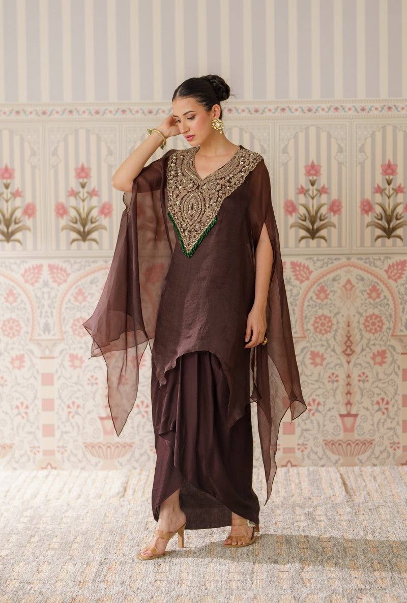 Brown Heavy yoke Hand Embroidered Mallika Cape Set