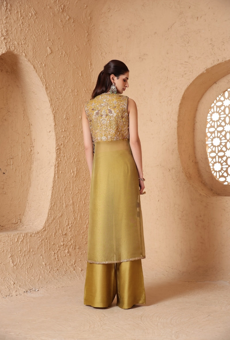 Olive Green Tie-up Sleeveless Nihira Kurta Set