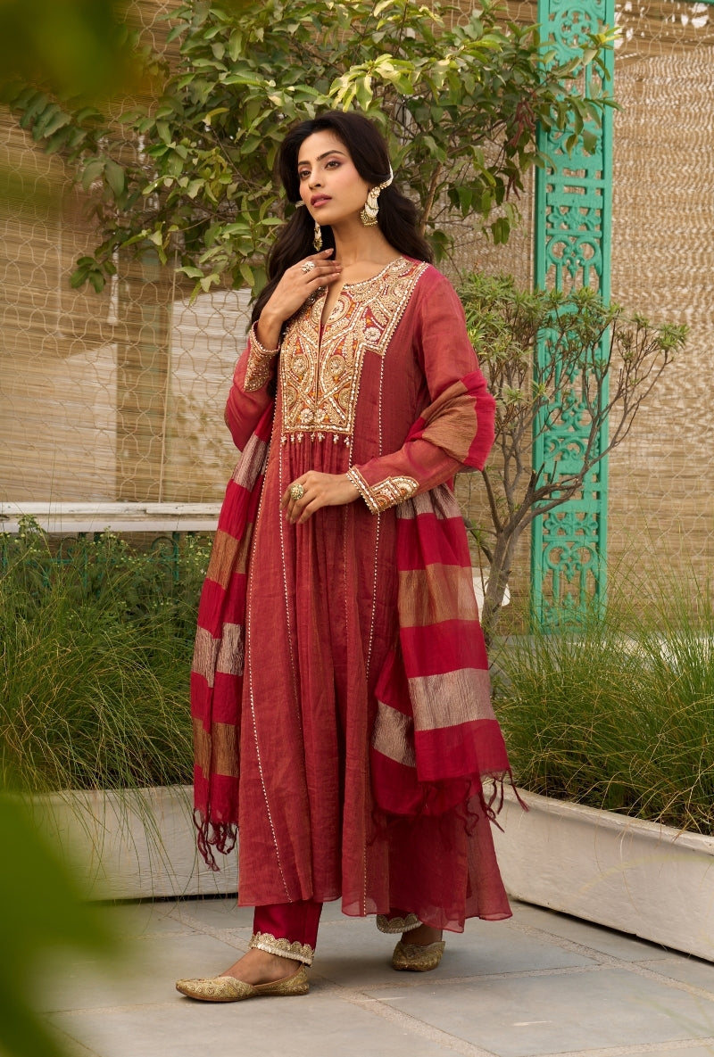 Red Embroidered Square Yoke Sabah Anarkali Set