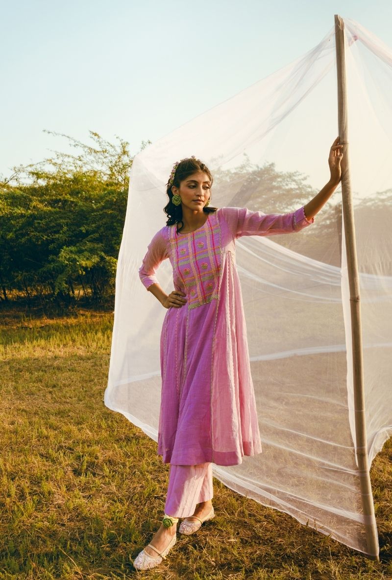 Lilac Madras Checks Yoke Barfi Kurta Set