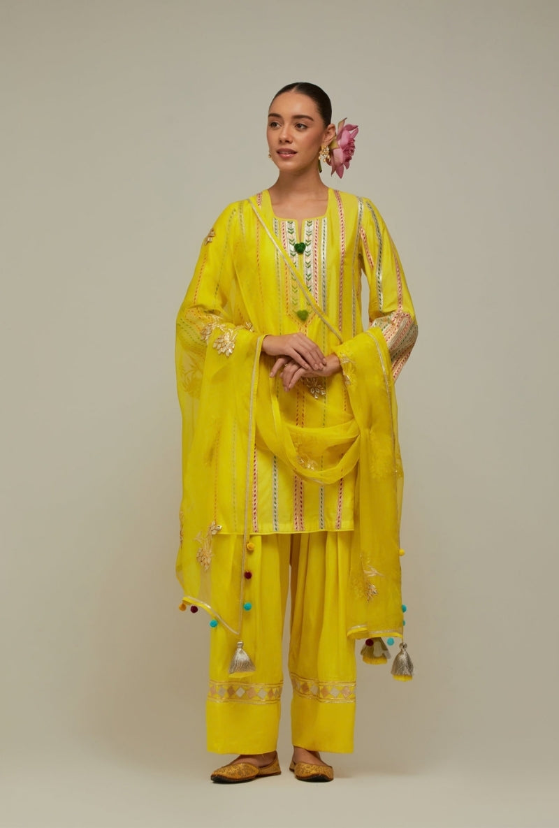 Summer Yellow Multistripe Gota Short Kurta Mehreen Farshi Set