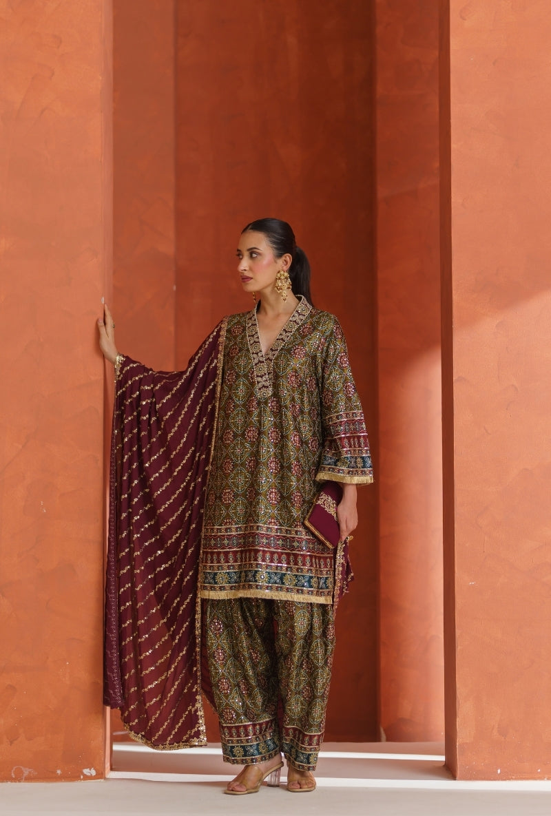 Mehendi Green Ajrak Print Vira Farshi Set