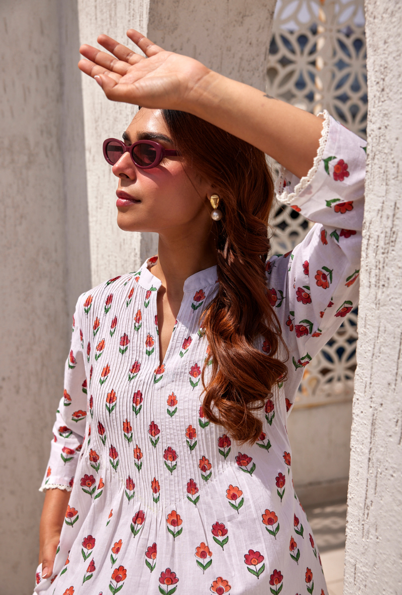 Red Ditsy Floral Print Peony Kurta Set