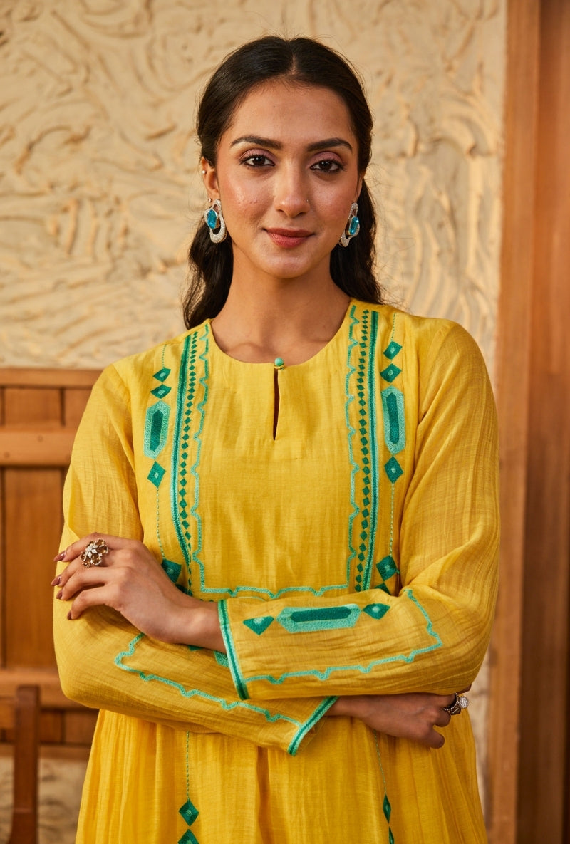 Yellow Resham Yoke A-Line Aadhya Kurta Set
