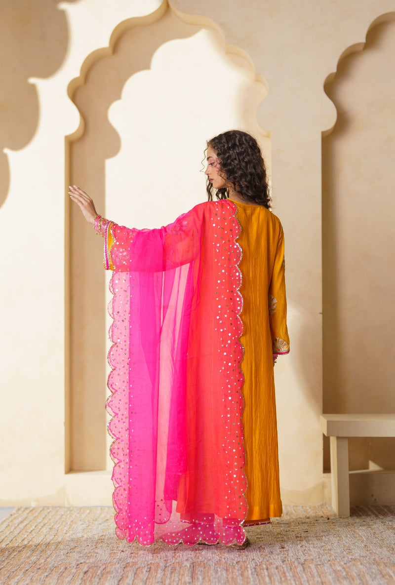 Mustard Sequin And Resham Butti Nargis Kurta Set
