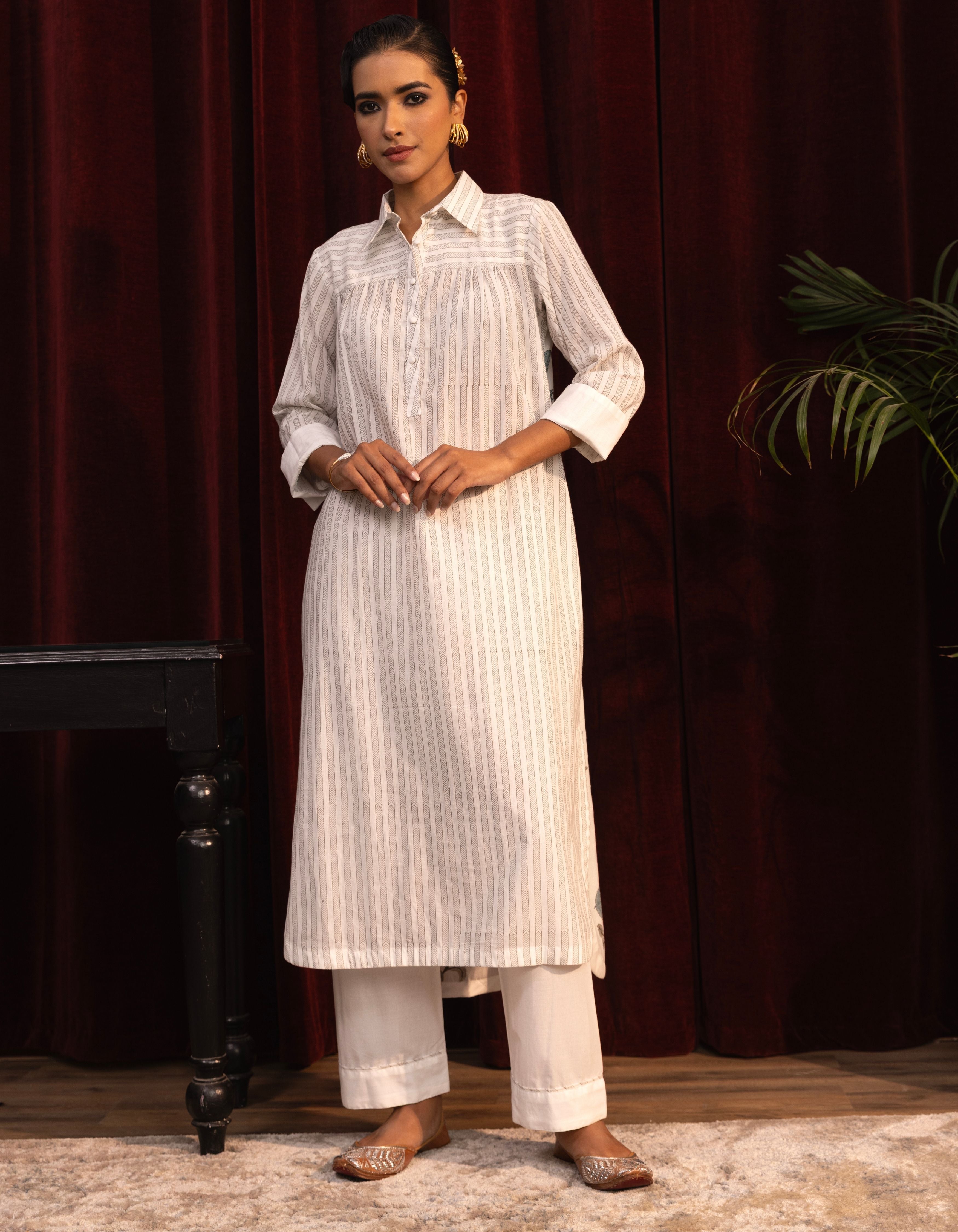White Mughal Block Print Mogra Kurta Set