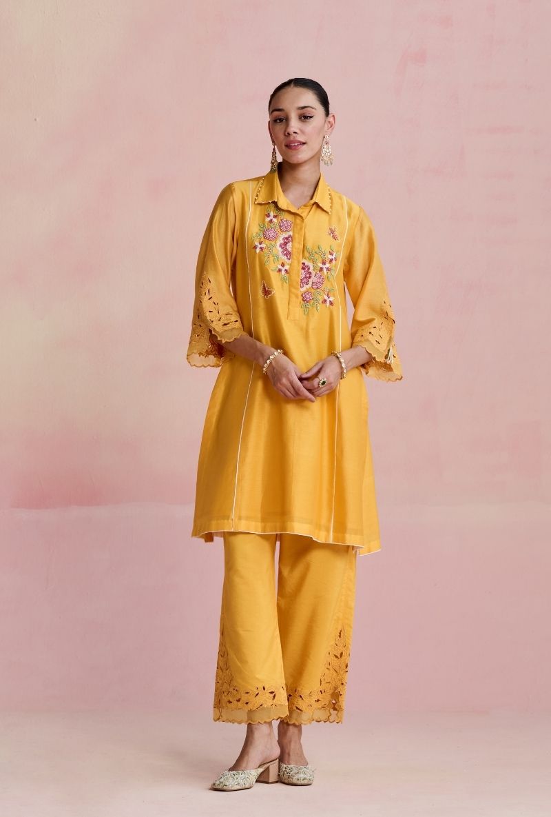 Yellow Collar Motif Yoke Amara Kurta Set