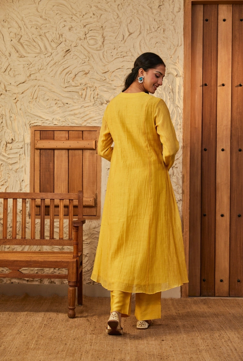 Yellow Resham Yoke A-Line Aadhya Kurta Set