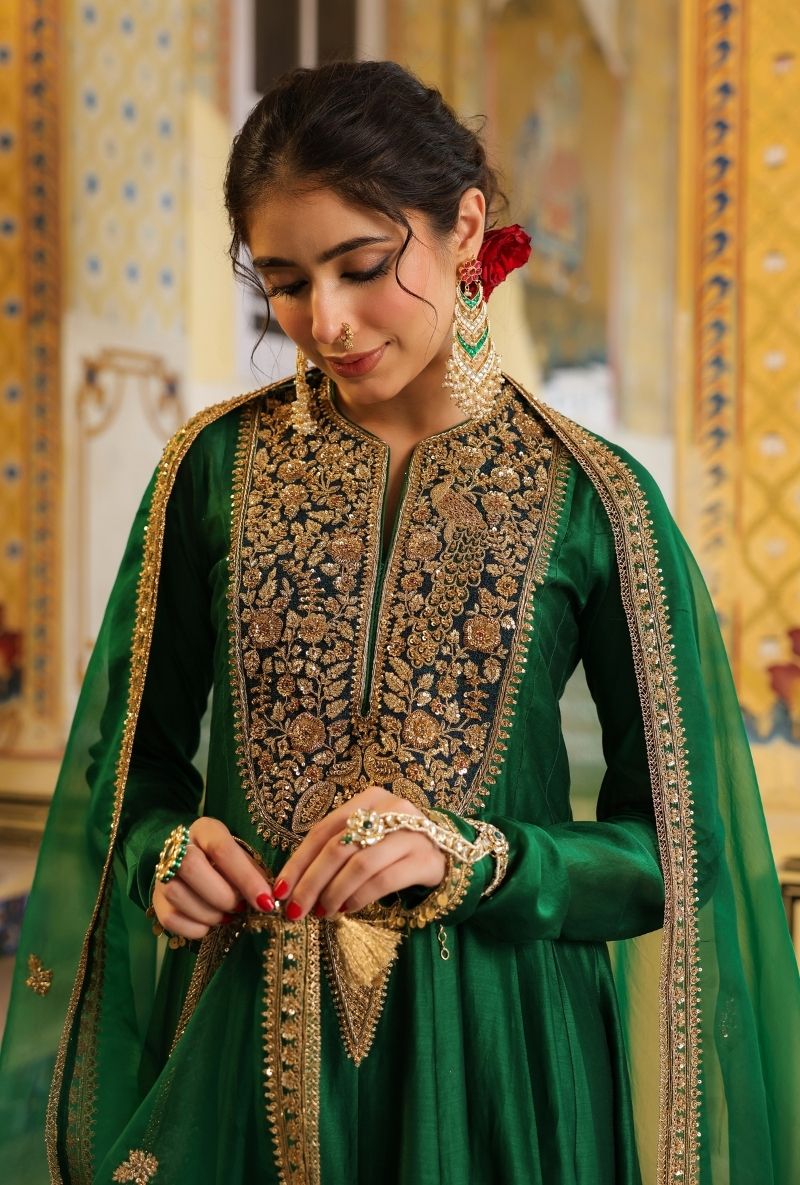 Green Heavy Yoke Mehfil Anarkali Set