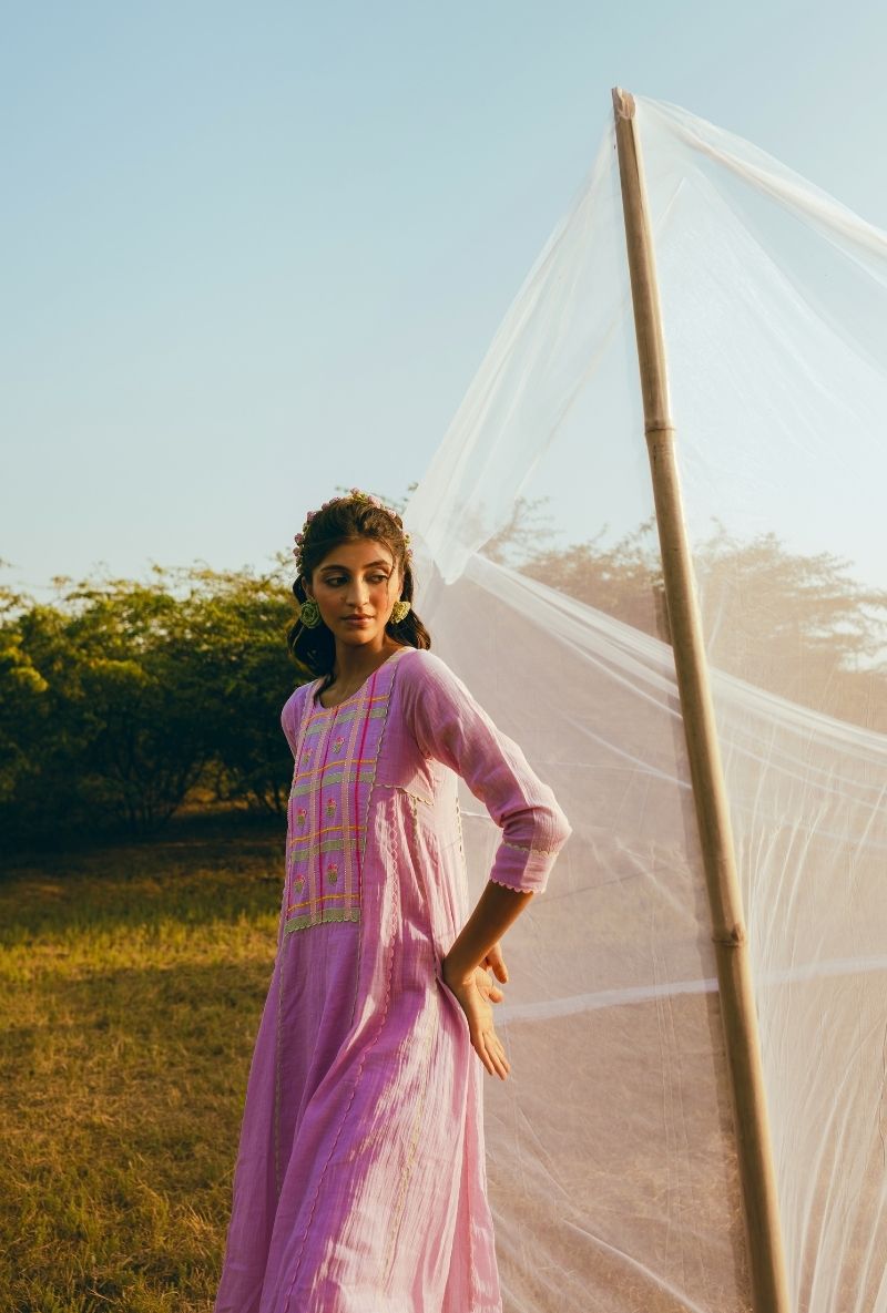 Lilac Madras Checks Yoke Barfi Kurta Set
