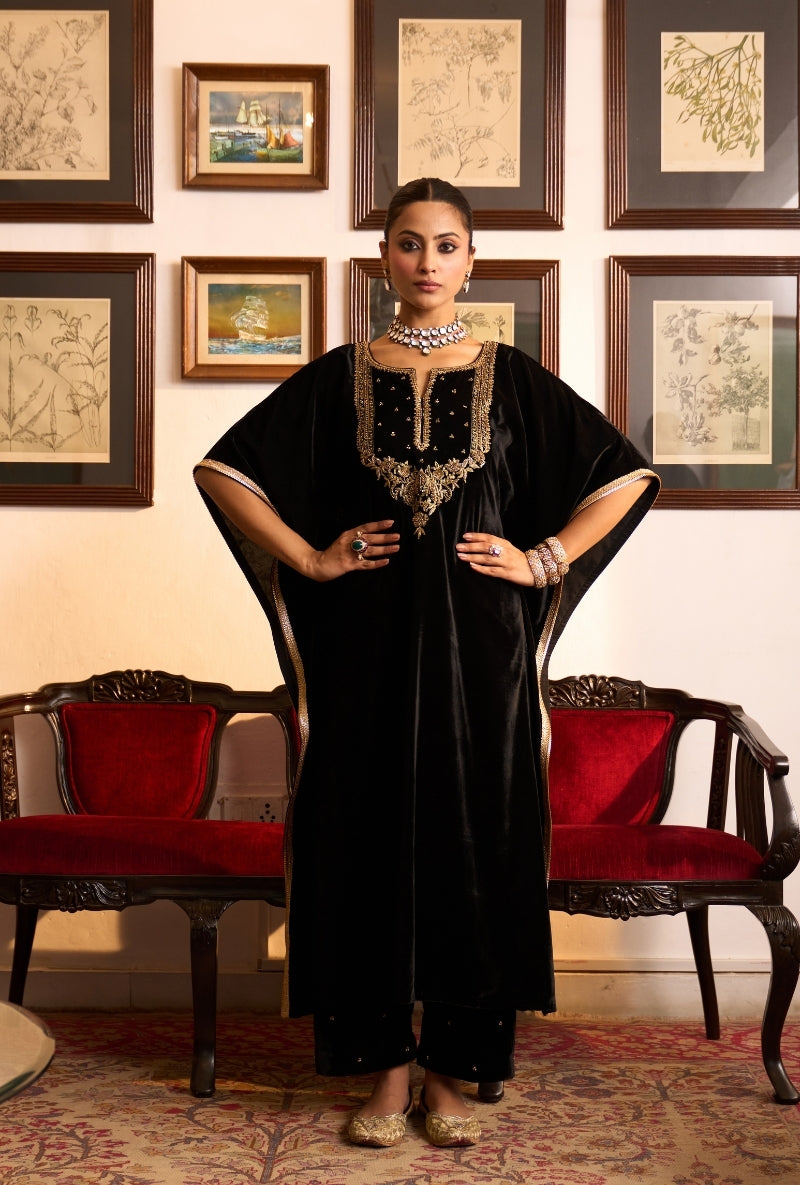 Black Embroidered Yoke Dilbar Kaftan Set