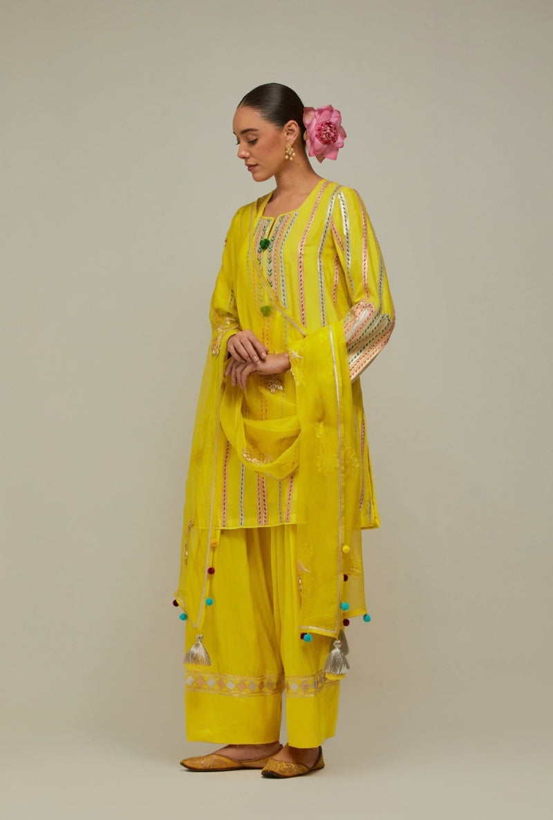 Summer Yellow Multistripe Gota Short Kurta Mehreen Farshi Set