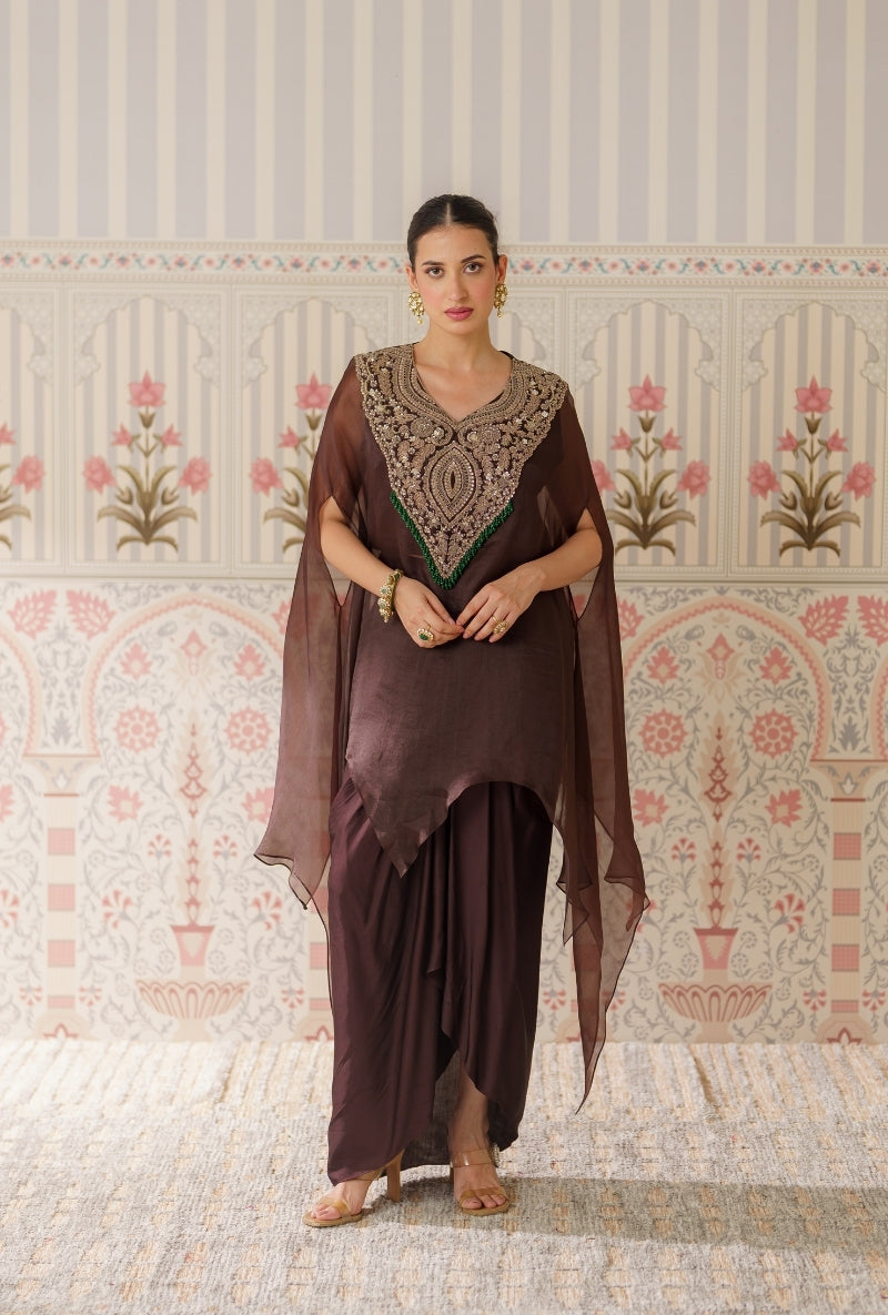Brown Heavy yoke Hand Embroidered Mallika Cape Set