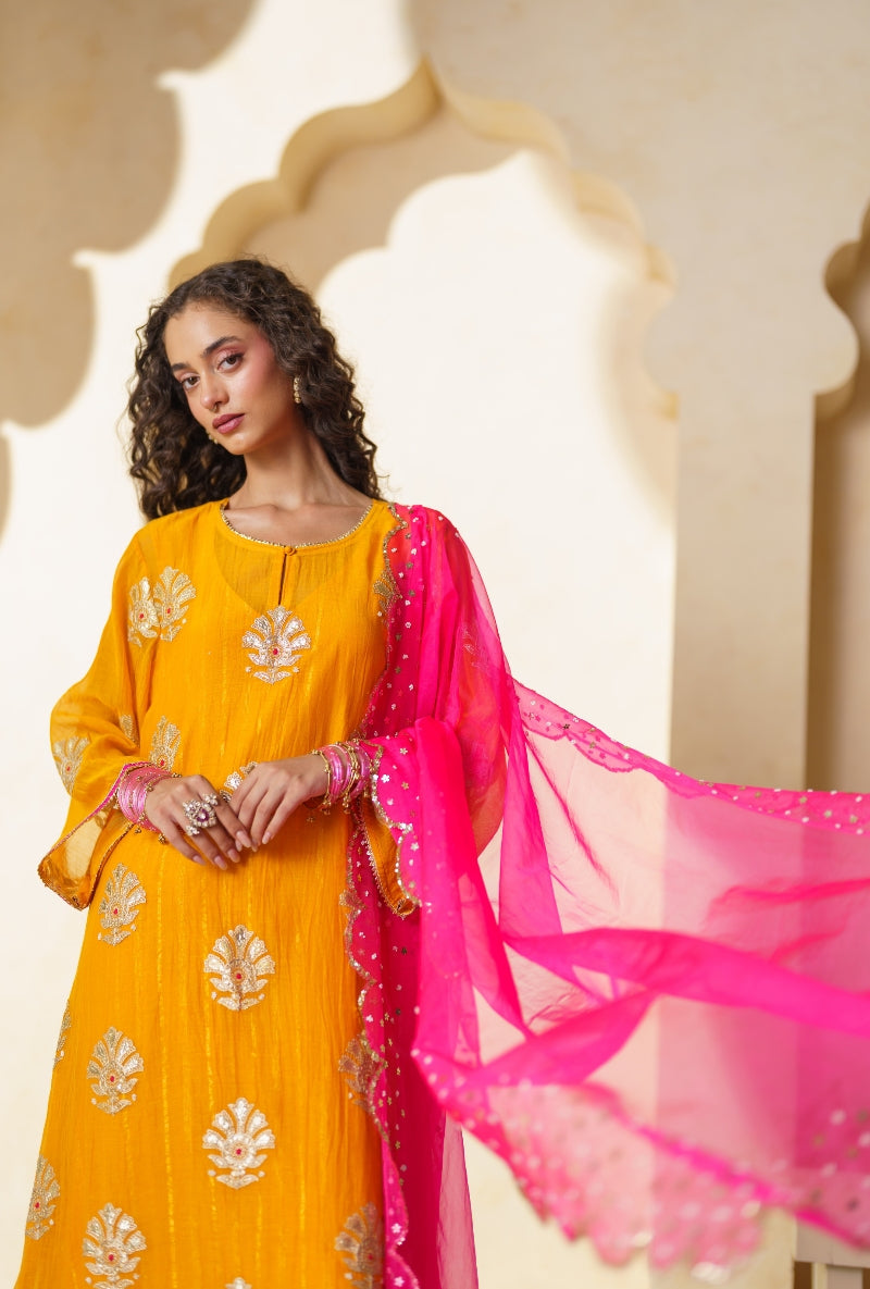 Mustard Sequin And Resham Butti Nargis Kurta Set