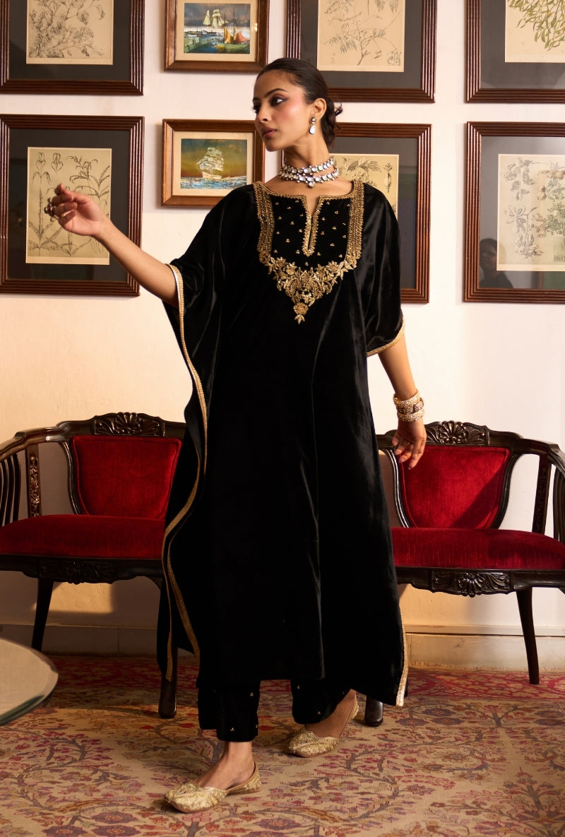 Black Embroidered Yoke Dilbar Kaftan Set