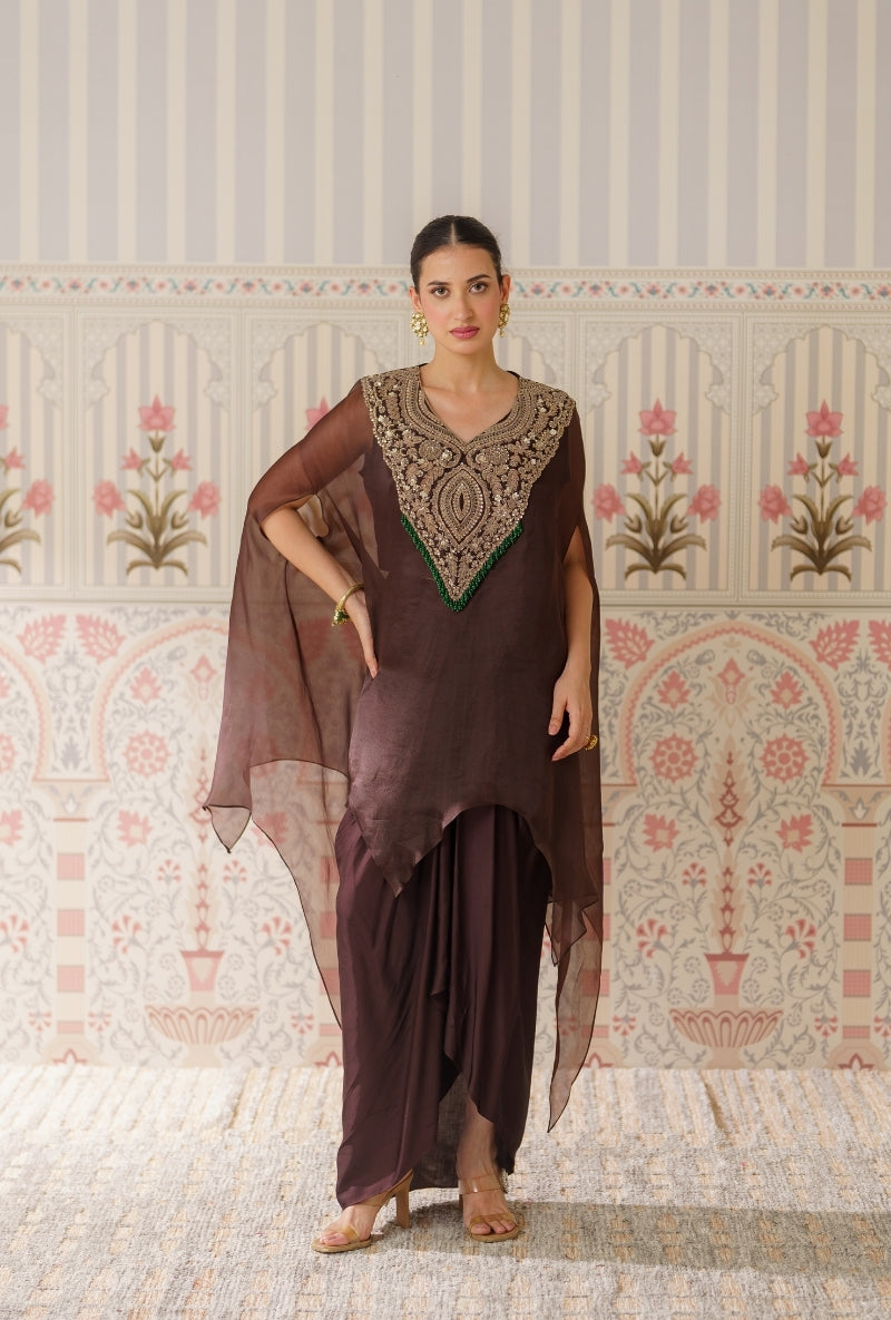 Brown Heavy yoke Hand Embroidered Mallika Cape Set