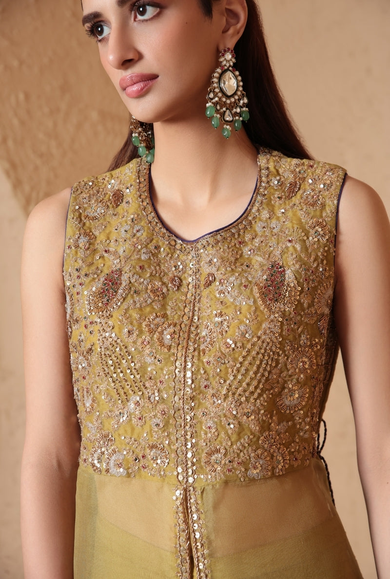 Olive Green Tie-up Sleeveless Nihira Kurta Set
