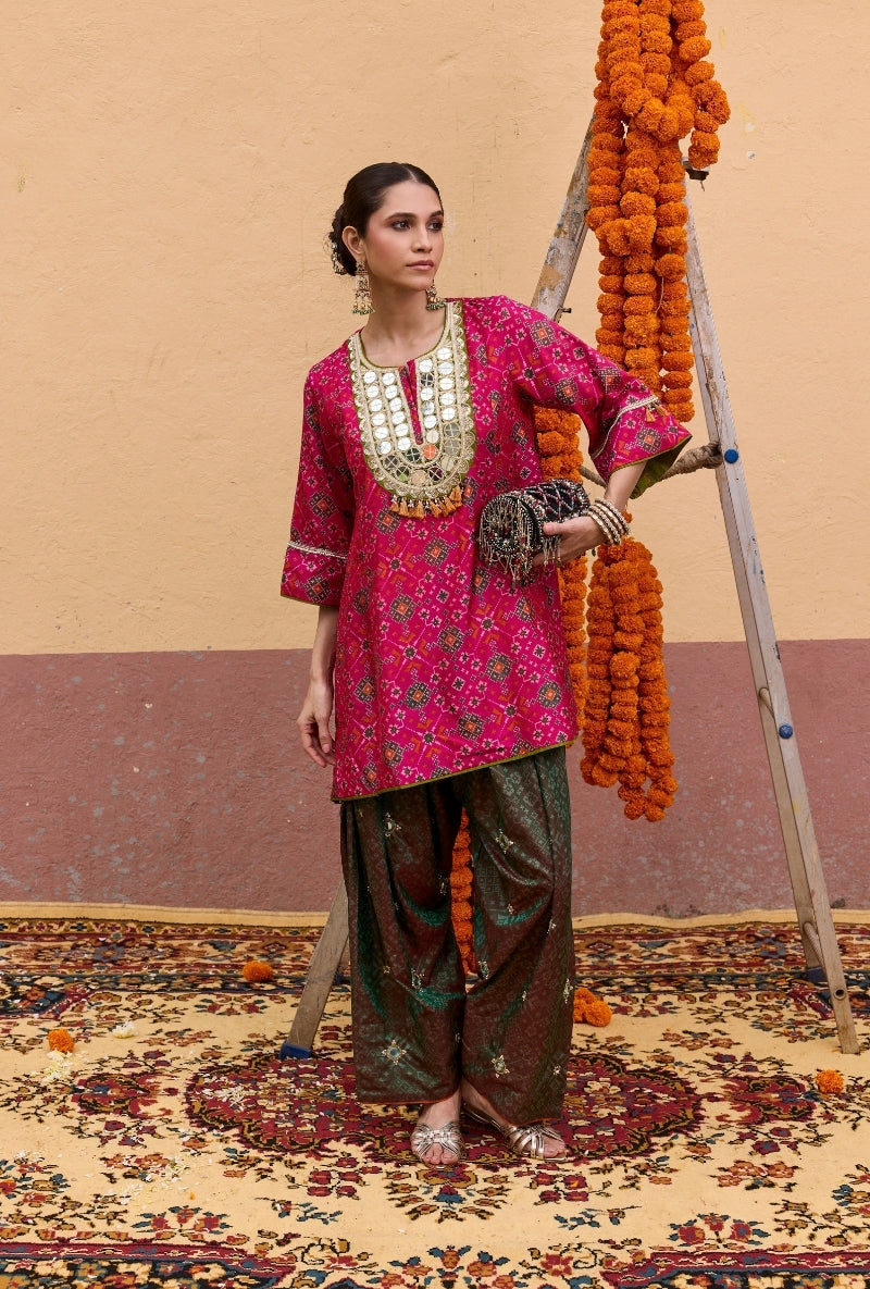 Pink Embroidered Yoke Patola Oorja Salwar Set
