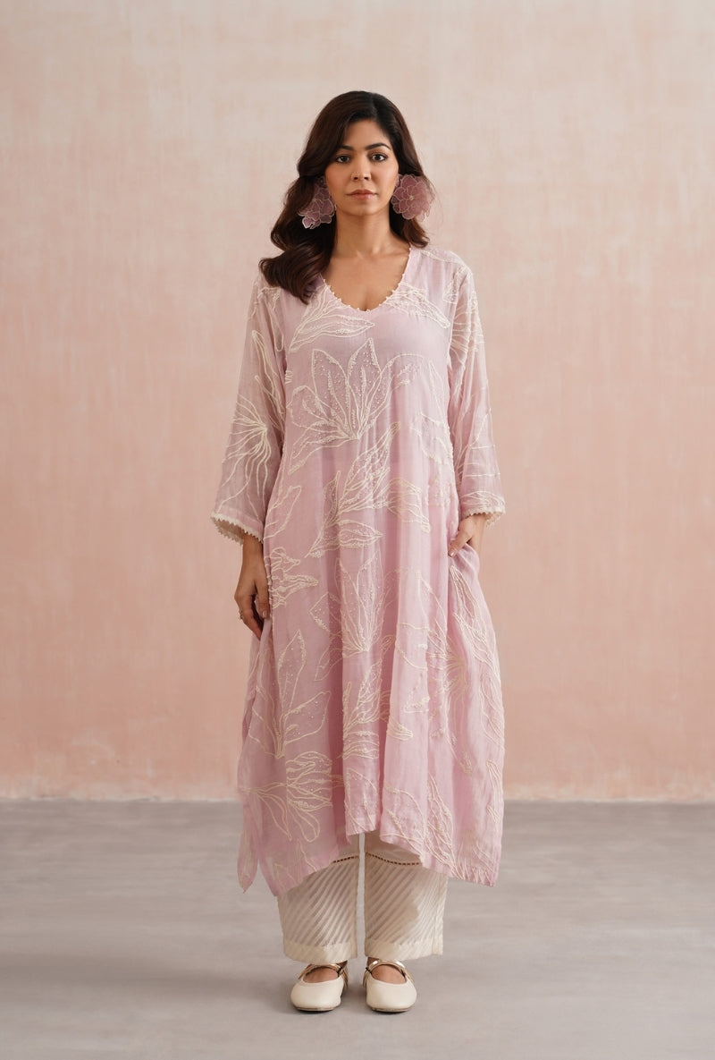 Rose Pink Pearl Embroidered Prisha Kurta Set