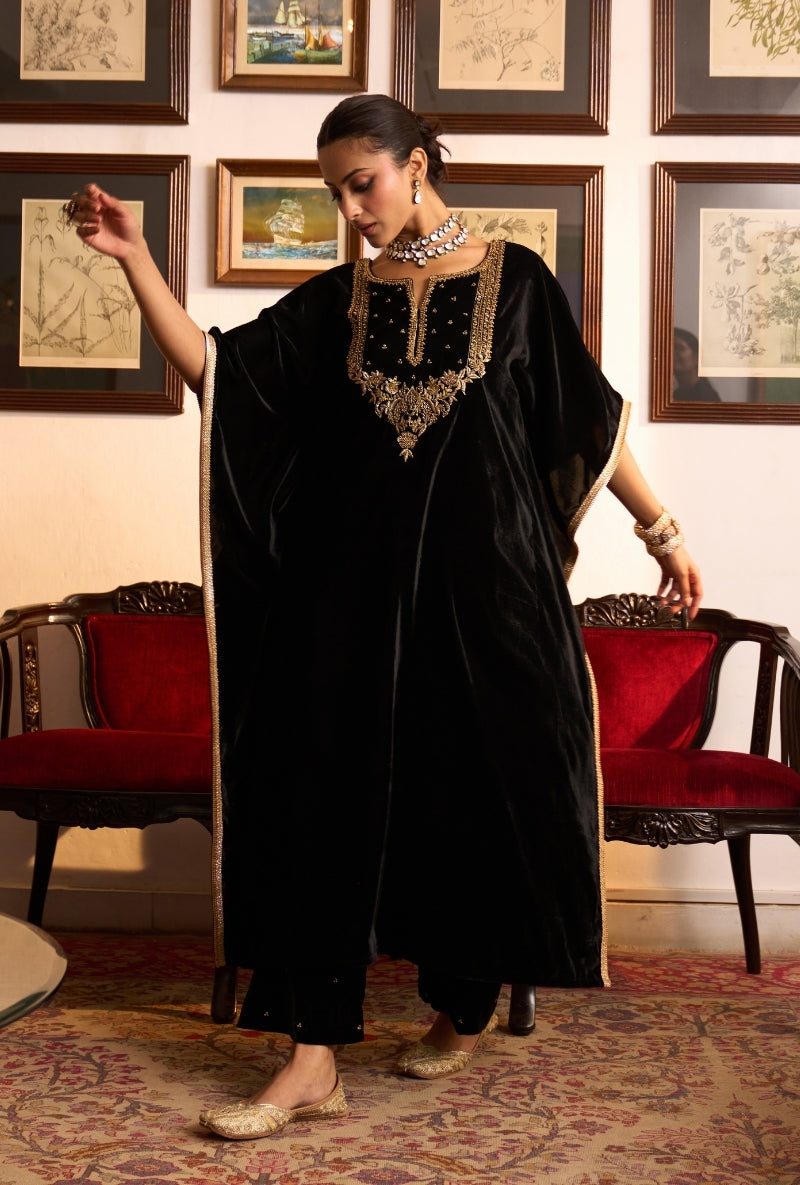 Black Embroidered Yoke Dilbar Kaftan Set