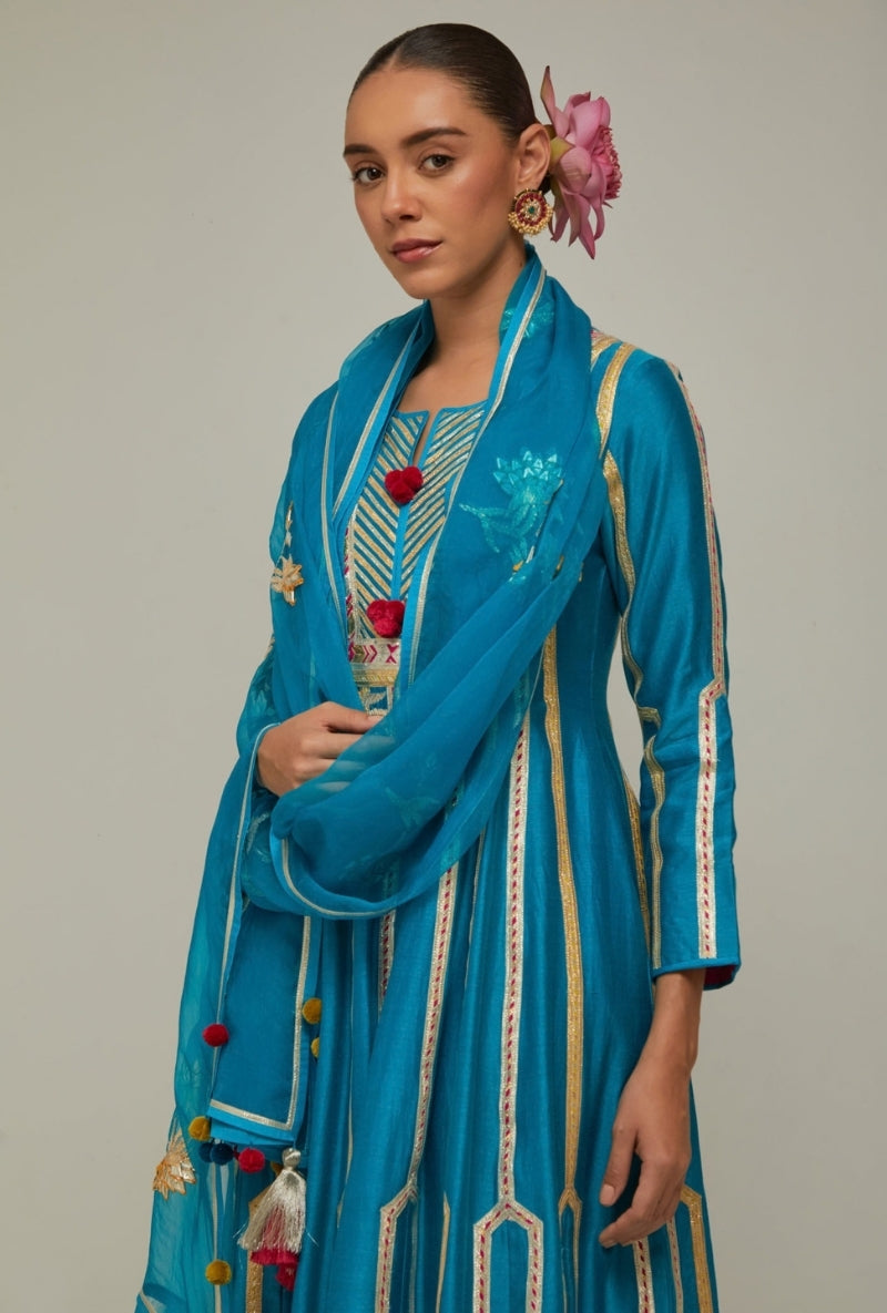 Peacock Blue Multistripe Gota long Mehreen Anarkali Set