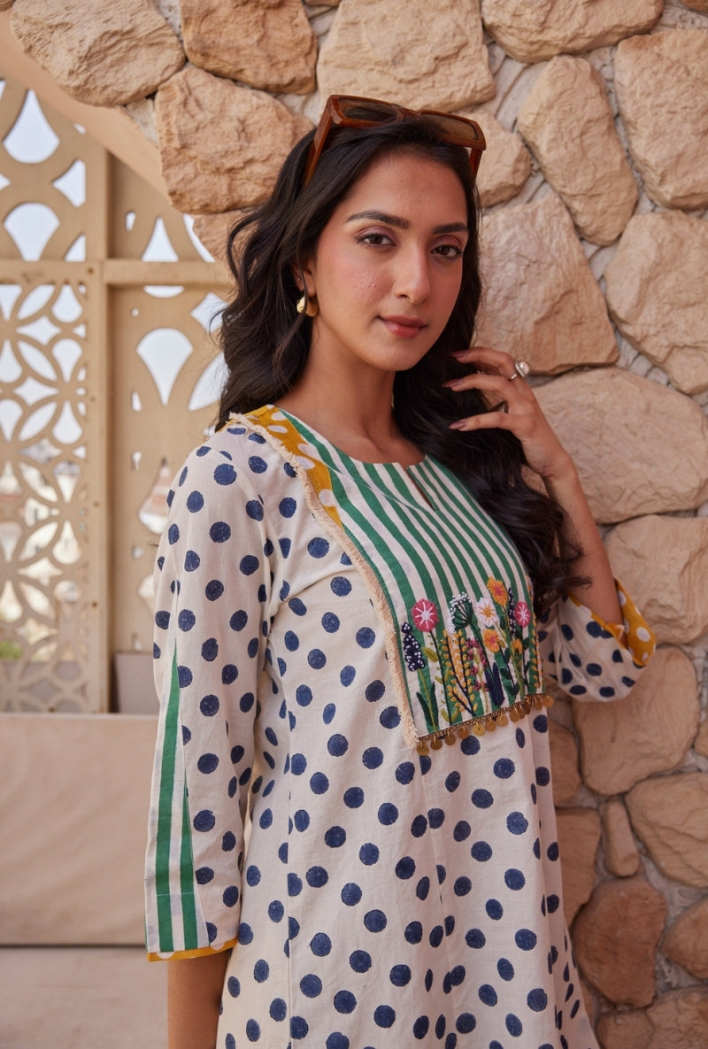 White Polka &amp; Stripes Straight Yoke Tarini Co-ord Set