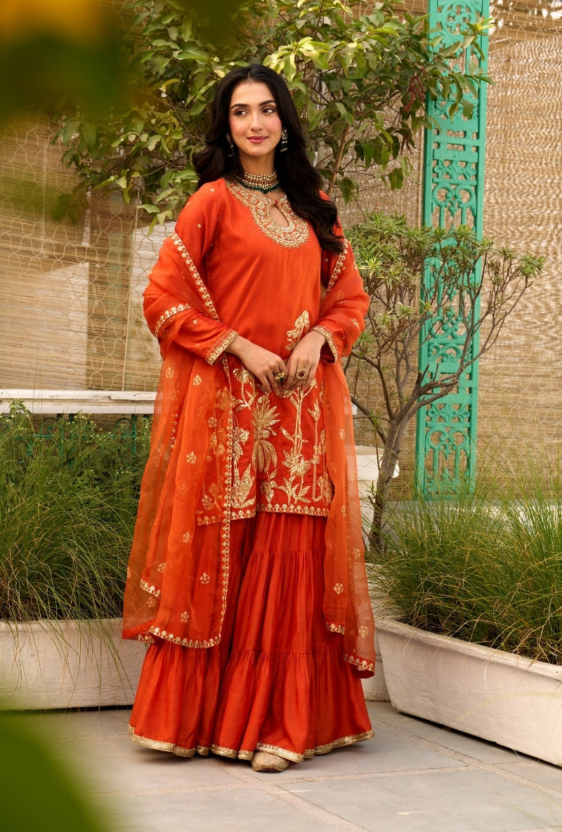 Orange Palm Tree Zardosi Embroidered Sabah Sharara Set